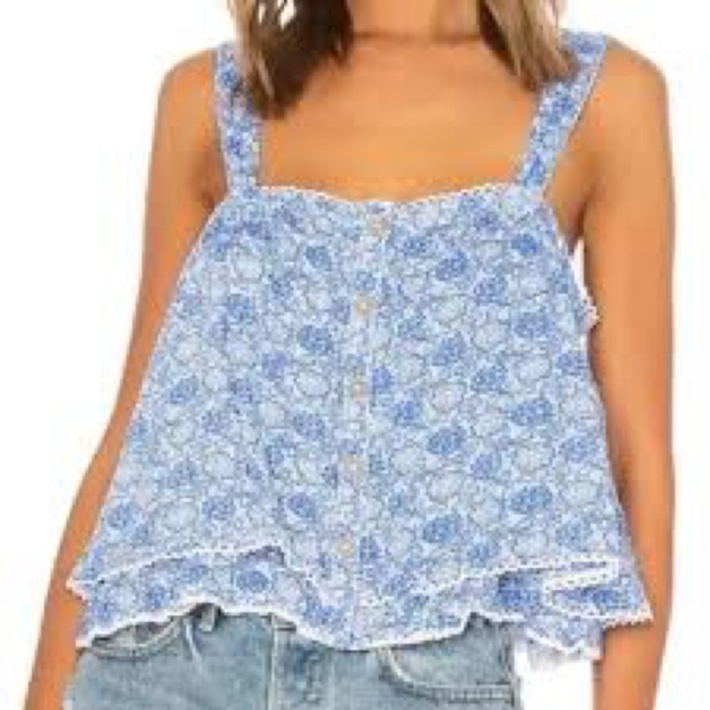 Free People Blue and White Ruffled Tank Top